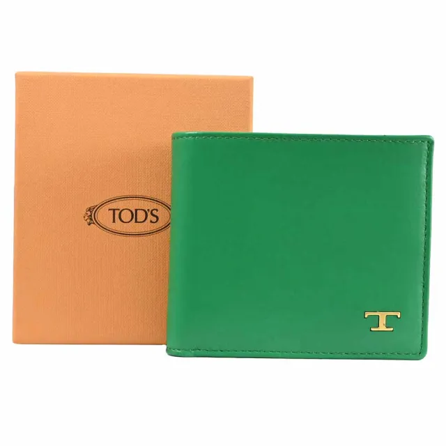 【TOD’S】TODS 金屬雙T字LOGO小牛皮雙層8卡對折短夾(亮綠)