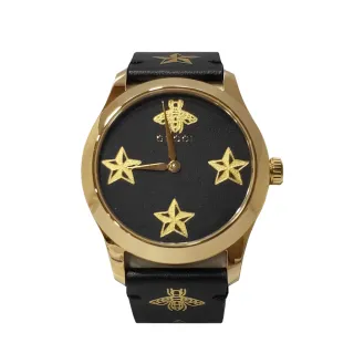 【GUCCI 古馳】508605 經典G-Timeless蜜蜂星星造型牛皮錶帶石英手錶(黑色-38mm)