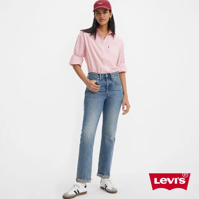 【LEVIS】女 501高腰合身排釦直筒牛仔長褲/有機面料//不收邊褲管/淺藍水洗 熱賣單品 A8423-0001