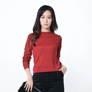 【KeyWear 奇威名品】氣質蕾絲袖長袖毛衣(暗紅色)