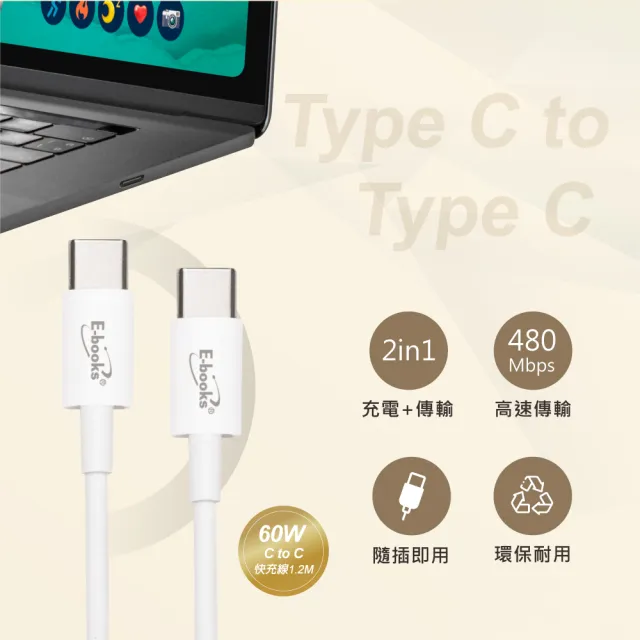 【E-books】B78 20W PD+QC3.0快速充電器 + 60W C to C快充傳輸線組