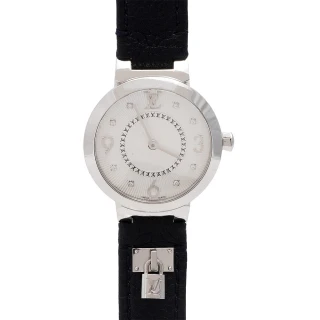 【Louis Vuitton 路易威登】Q12MG1 TAMBOUR小牛皮鎖頭造型原花鑲鑽錶盤石英腕錶(藍/28mm-展示品)