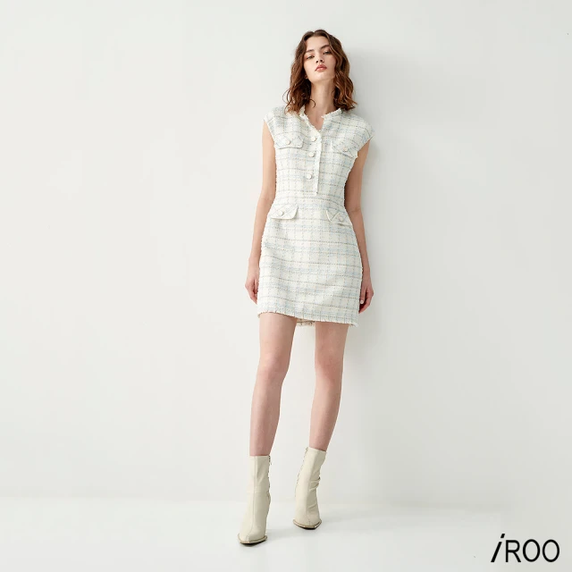 iROO 經典格紋花呢抽鬚飾領洋裝