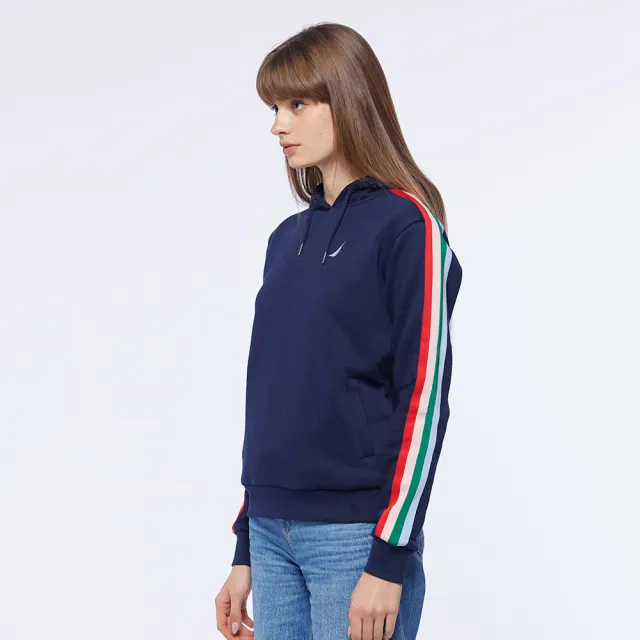 【NAUTICA】女裝 繽紛線條長袖帽T(藍)