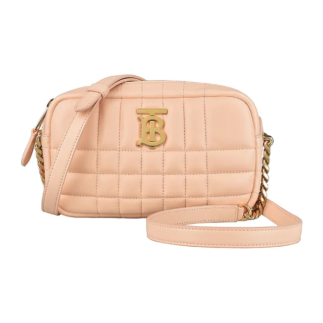 【BURBERRY 巴寶莉】BURBERRY LOLA TB字母LOGO格紋小羊皮拉鍊斜背相機包(迷你/蜜桃粉)