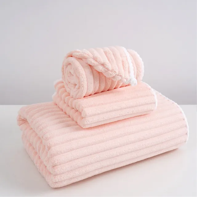 【YOUHE】糖果條絨花型毛巾三件套 家用加厚吸水毛巾 珊瑚絨毛巾浴巾乾髮帽套裝