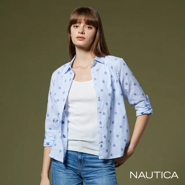 【NAUTICA】女裝 細直條紋星星襯衫(藍)