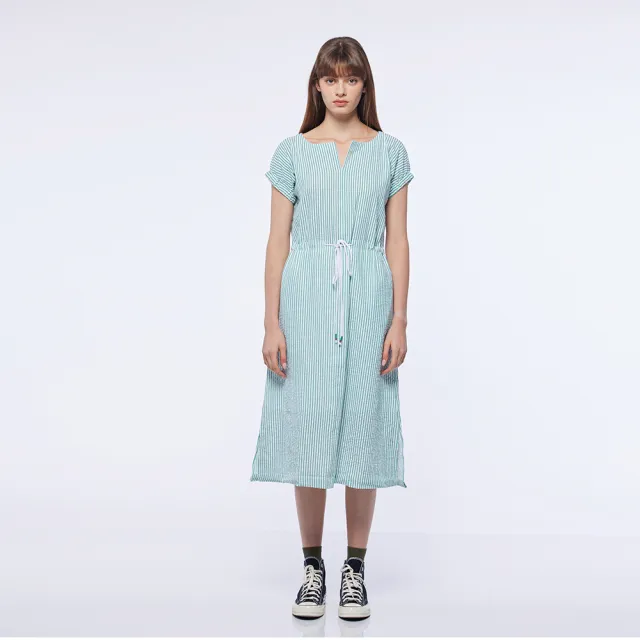 【NAUTICA】女裝 簡約條紋短袖洋裝(綠)