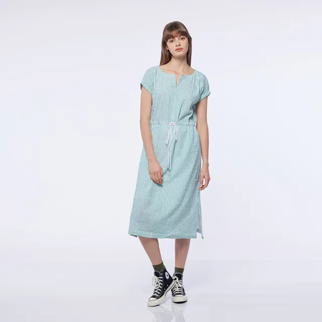 【NAUTICA】女裝 簡約條紋短袖洋裝(綠)