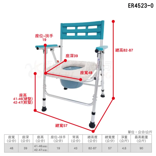 【恆伸醫療器材】ER-4523 鋁合金 無輪 收合式 便盆椅/洗澡椅(軟墊)