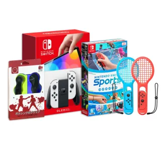 【Nintendo 任天堂】Switch OLED白色主機+運動+球拍+指套(超值組)