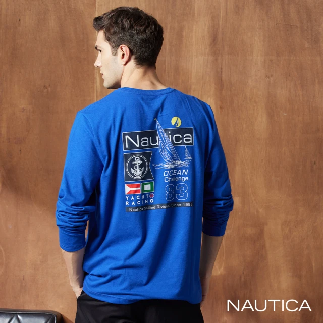 NAUTICA 男裝 品牌文字刺繡跳色拼接長袖POLO衫(深