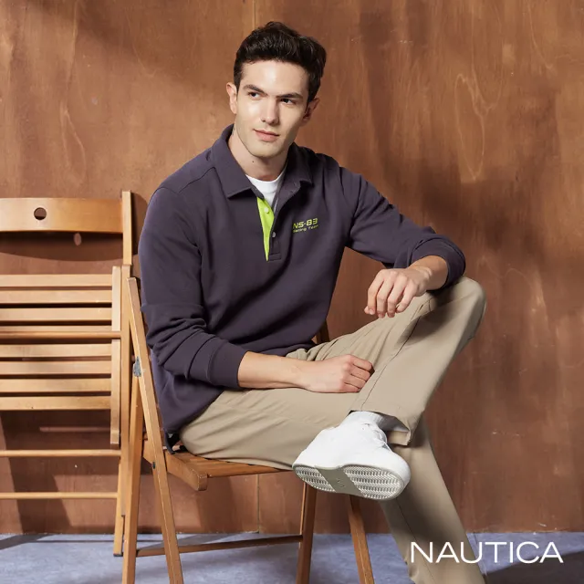 【NAUTICA】男裝 品牌旗幟印花長袖POLO衫(深灰)