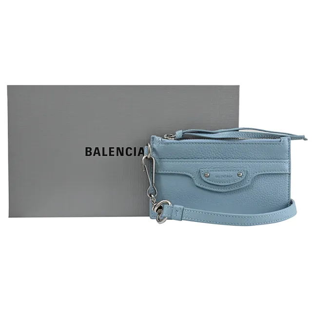 【Balenciaga 巴黎世家】簡約經典LOGO小牛皮可拆斜背/掛式信用卡零錢包(灰藍)