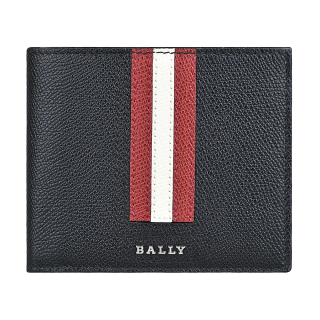 BALLY BALLY TVEYE 金屬LOGO條紋設計牛皮10卡對折短夾(黑x紅白紅條紋)
