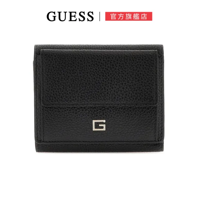 【GUESS】簡約金屬G字母皮革夾扣男士短夾(黑)