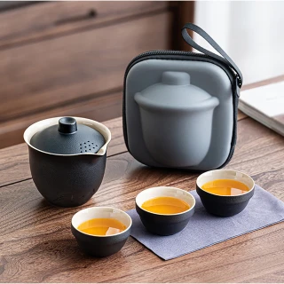 【Life shop】粗陶旅行茶具組/附旅行收納包(泡茶組 茶具 旅行茶具 隨身泡茶組 簡易泡茶 茶器套組)
