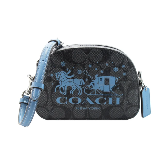 COACH 簡約LOGO超輕皮革肩斜三層包水桶包兩用包(黑 