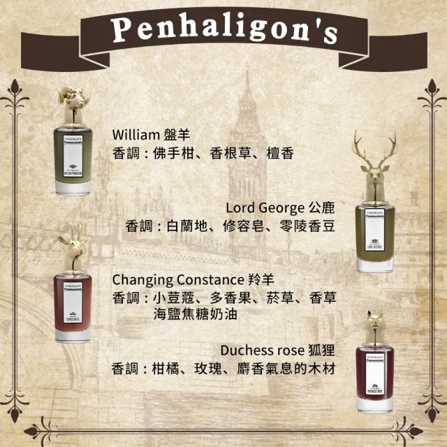 【PENHALIGON’S 潘海利根】淡香精 75ml -多款任選(國際航空版_公鹿/狐狸/盤羊/羚羊/公牛/鸚鵡/龍首)