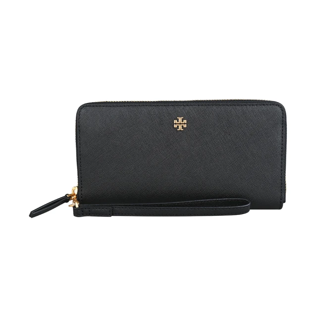 【TORY BURCH】Emerson金色金屬LOGO防刮皮革拉鍊手拿長夾(黑)