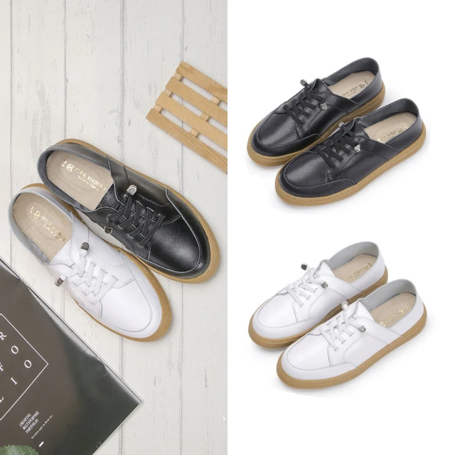 FUFA Shoes 富發牌 真彈力鞋帶拼接休閒鞋-黑/白 8058L(女鞋/休閒鞋/真皮鞋/小白鞋/真皮休閒鞋)