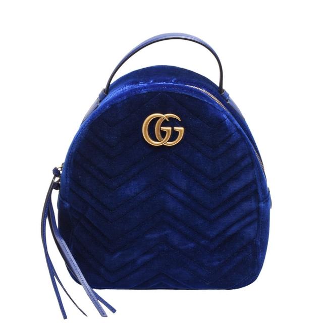 【GUCCI 古馳】GG Marmont絎縫紋天鵝絨金屬雙G LOGO拉鍊手提/後背包(寶藍524568-9QICT-4511)