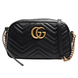 【GUCCI 古馳】GG Marmont系列仿舊金色雙G LOGO牛皮山字車紋拉鍊肩背包(黑447632-DRW1T-1000)