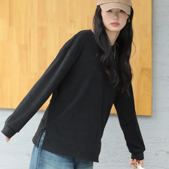 【Amirr 艾米爾】★開岔雙面磨絨圓領上衣(女上衣/長袖/內搭)