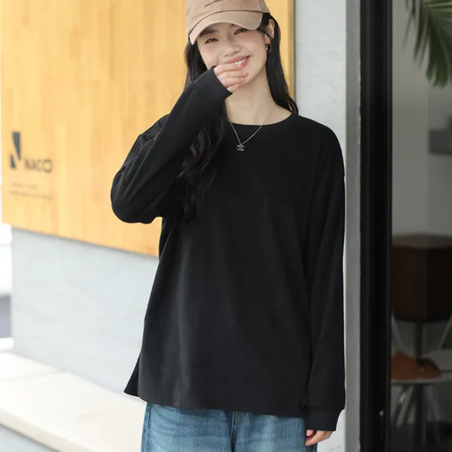 【Amirr 艾米爾】★開岔雙面磨絨圓領上衣(女上衣/長袖/內搭)