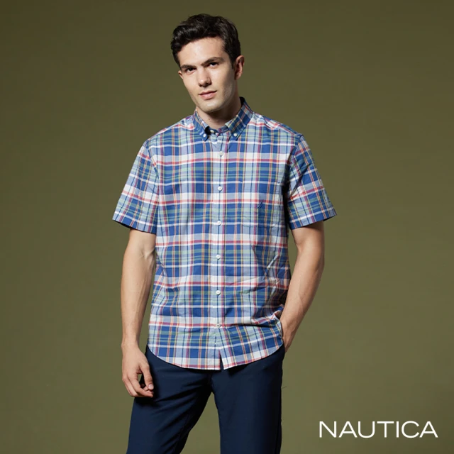 【NAUTICA】男裝 跳色格紋休閒短袖襯衫(藍)