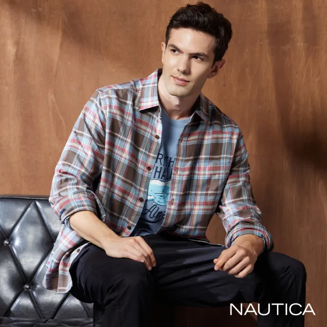 【NAUTICA】男裝 復古質感格紋長袖襯衫(咖啡)