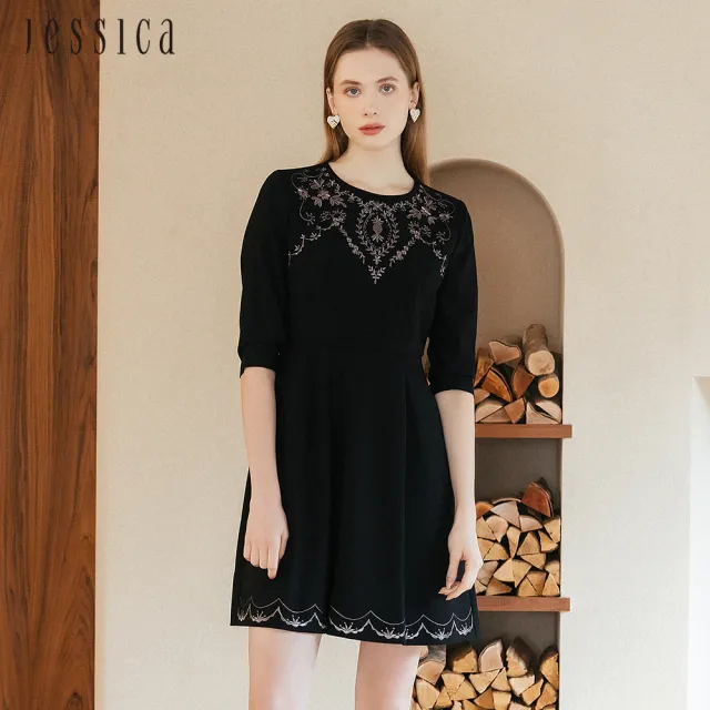 【JESSICA】出清品 素雅花卉刺繡收腰七分袖洋裝235708