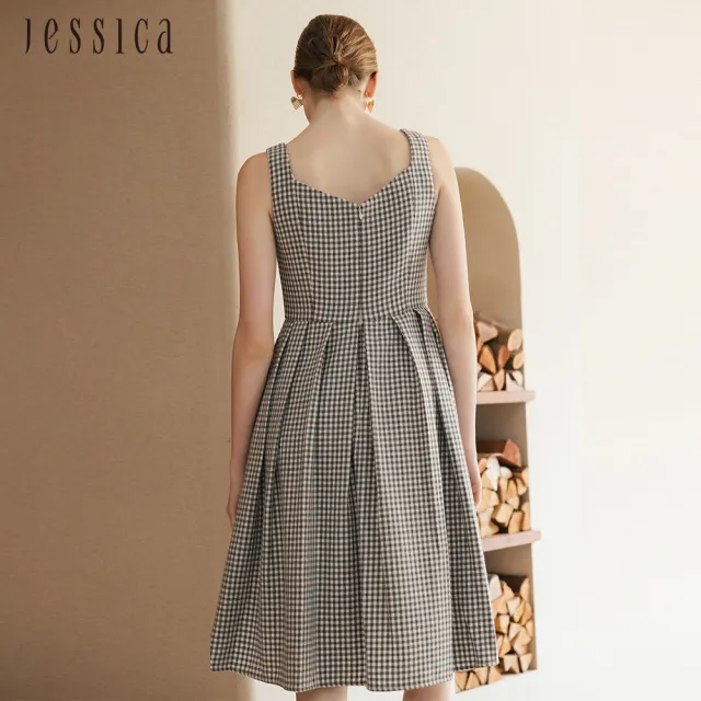 【JESSICA】出清品 復古甜美羊毛格紋皺褶寬裙擺無袖洋裝235703