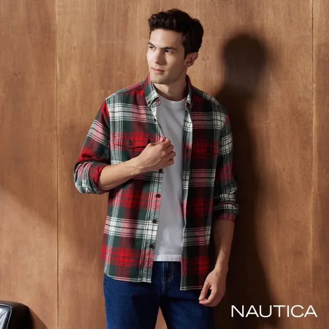 【NAUTICA】男裝 跳色格紋舒適長袖襯衫(紅綠)