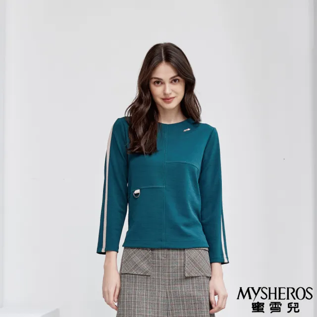 【MYSHEROS 蜜雪兒】造型上衣 不對稱拼接下擺 領口鑽飾 後背釦設計(綠)