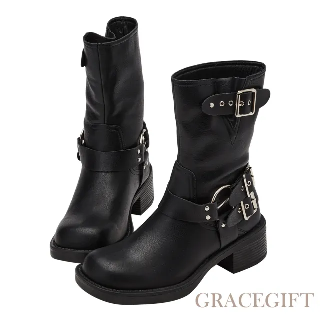 【Grace Gift】騎士金屬釦環圓頭粗跟中筒靴
