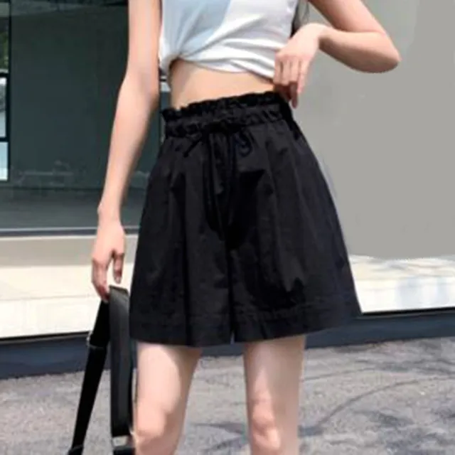 【YAKPAK】韓國海運版腰頭鬆緊帶荷葉挺版反摺女休閒短褲