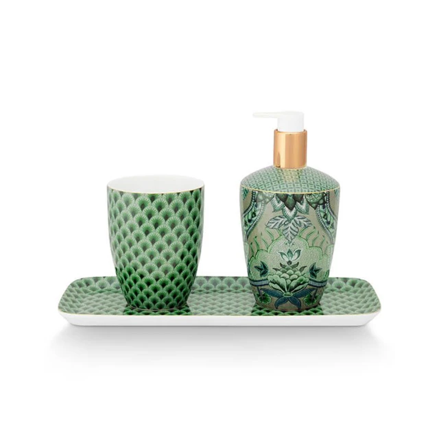 【PIP STUDIO】Kyoto Festival 衛浴3件組-綠(洗手乳按壓瓶+漱口杯+托盤)