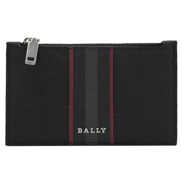 BALLYBALLY 金屬品牌LOGO紅灰紅條紋牛皮信用卡零錢包(黑)