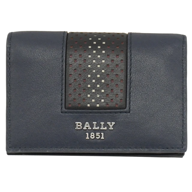 BALLY TYE 經典品牌黑白織帶小牛皮4卡零錢短夾(深藍