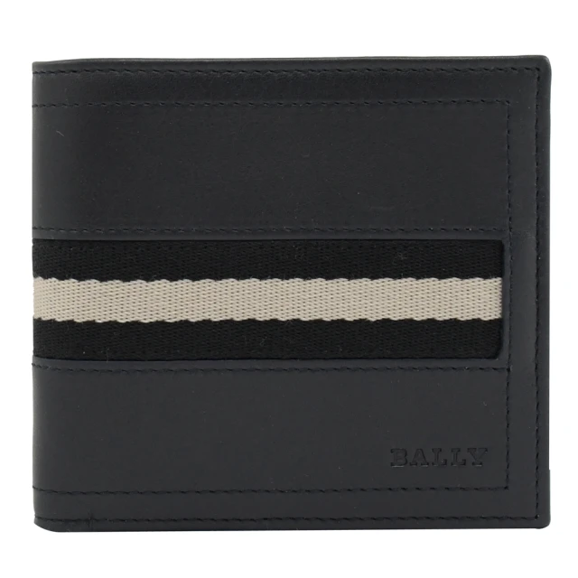 BALLYBALLY TYE 經典品牌黑白織帶小牛皮4卡零錢短夾(深藍)
