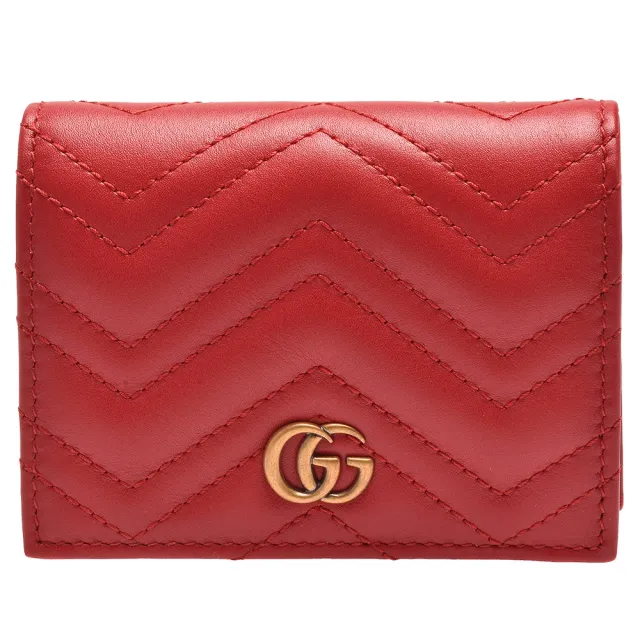 【GUCCI 古馳】GG Marmont matelasse系列絎縫紋牛皮金屬雙G LOGO暗釦卡夾/零錢包(芙蓉紅466492-DRW1T-6433)（其他規格）