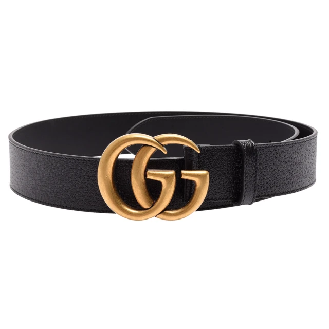 GUCCI 古馳 經典仿舊金色金屬雙G LOGO小牛皮釦式腰帶/皮帶(黑406831-DJ20T-1000)