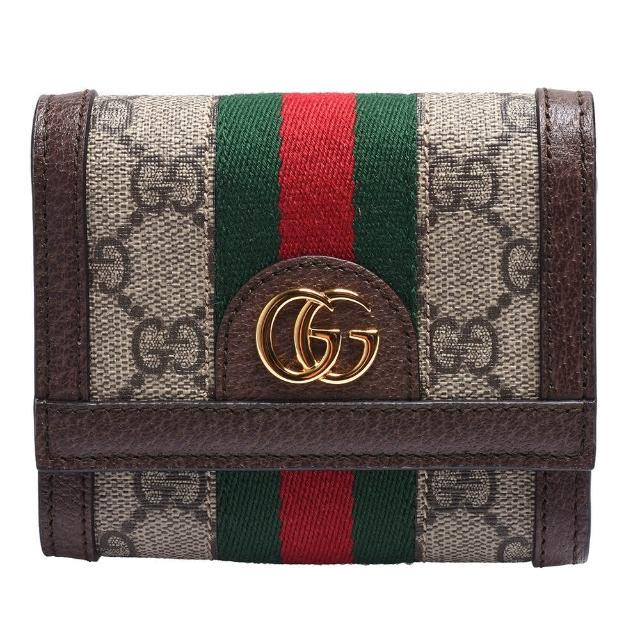 【GUCCI 古馳】經典Ophidia GG印花帆布牛皮飾邊暗釦短夾(棕523174-96IWG-8745)