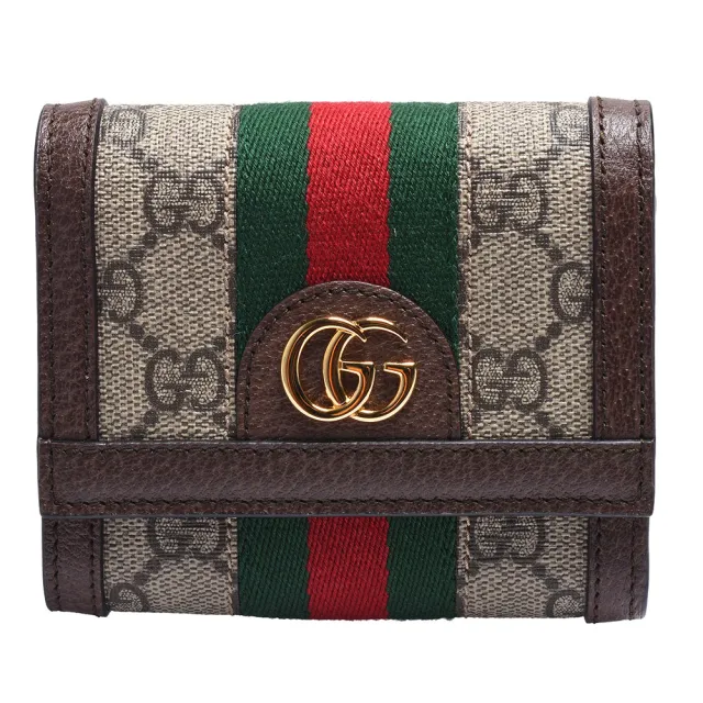 【GUCCI 古馳】經典Ophidia GG印花帆布牛皮飾邊暗釦短夾(棕523174-96IWG-8745)（其他規格）