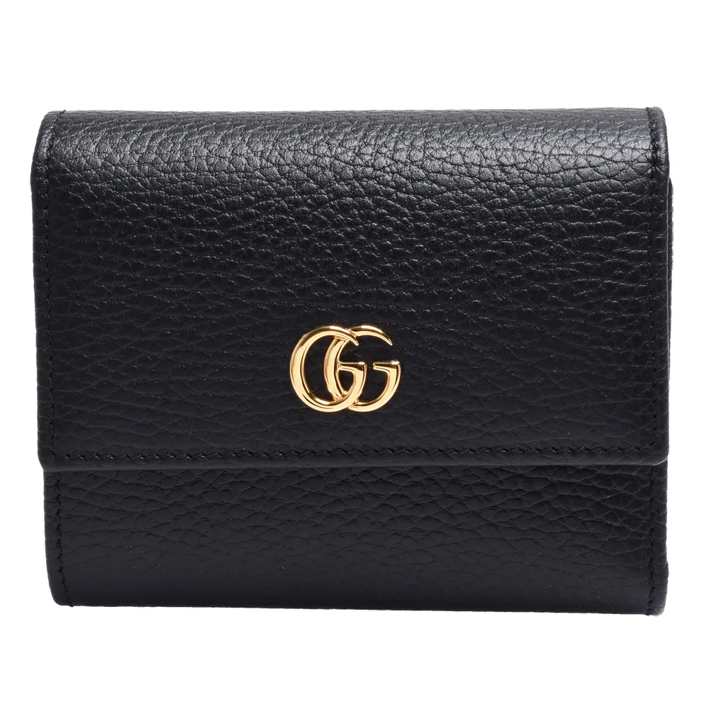 【GUCCI 古馳】經典金屬雙G LOGO荔枝紋牛皮三折暗釦短夾(黑546584-CAO0G-1000)