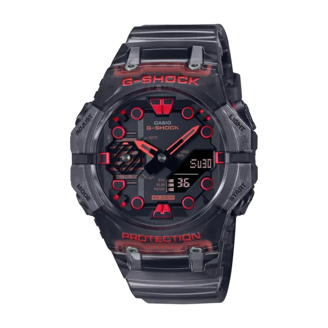 【CASIO 卡西歐】G-SHOCK 藍牙 碳纖維核心防護 半透明 機械戰甲 科幻炫黑紅(GA-B001G-1A)