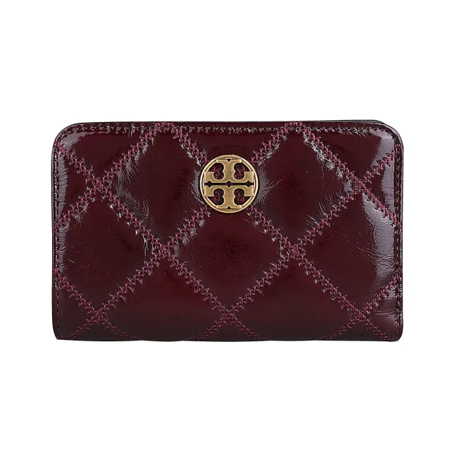 【TORY BURCH】Willa金色圓牌LOGO菱格紋皮革對折中夾(深果醬紅)