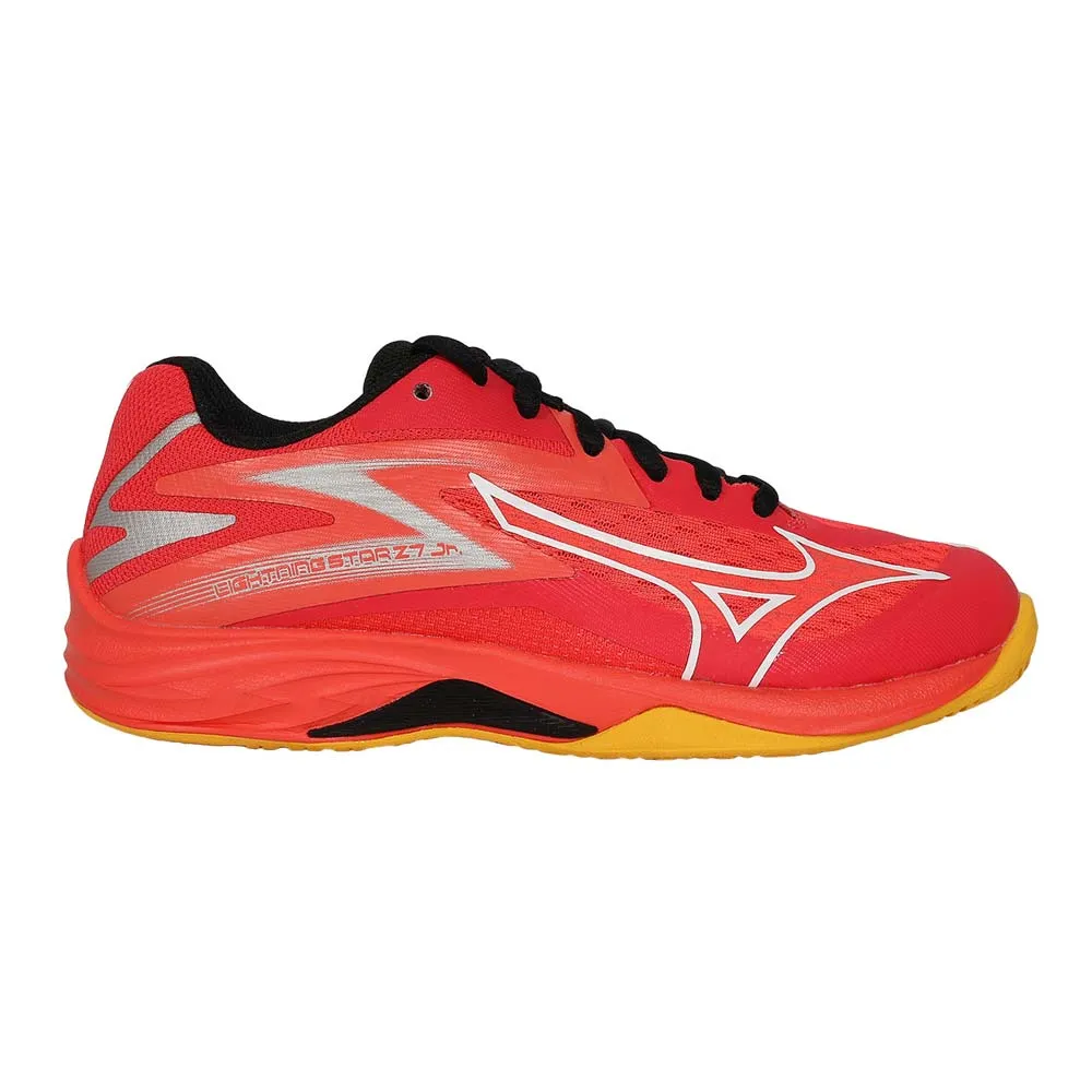 【MIZUNO 美津濃】20-22.5CM_LIGHTNING STAR Z7 JR. 男兒童排球鞋-訓練 螢紅黑白銀(V1GD230302)