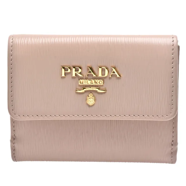 【PRADA 普拉達】經典金色金屬浮雕LOGO直紋牛皮卡夾/零錢包(裸膚色1MH350-VITELLO MOVE-CIPRIA)